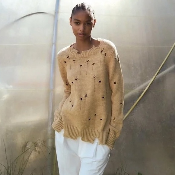 ZARA | Distressed Destroyed Knit Taupe Crew Neck Brown Tan Cotton Sweater - Picture 11 of 13